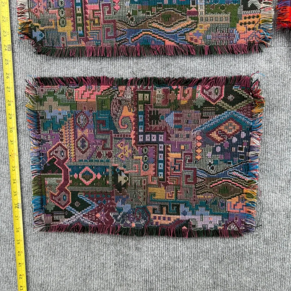 Vintage Woven Tapestry Druze Set of 5 Geometric Abstract Fringed Multi-Color